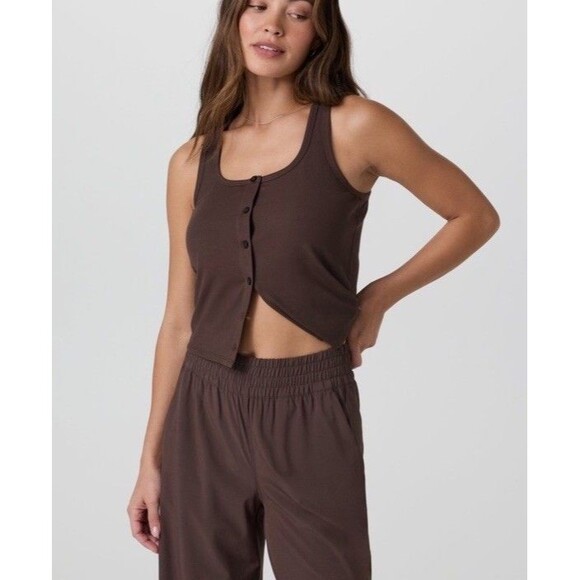 Vuori Pose Cardigan Tank Top  Women's  Medium Java Brown Button Up Athletic - Picture 2 of 10